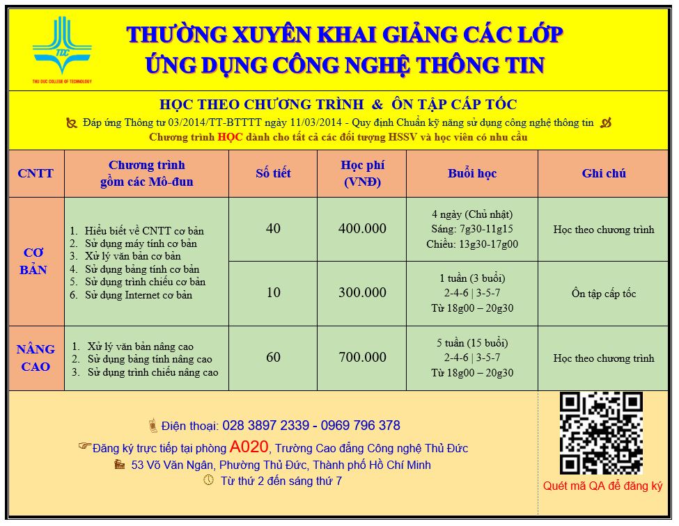 Thường xuyên khai giảng các lớp ứng dụng CNTT Cơ bản và Nâng cao